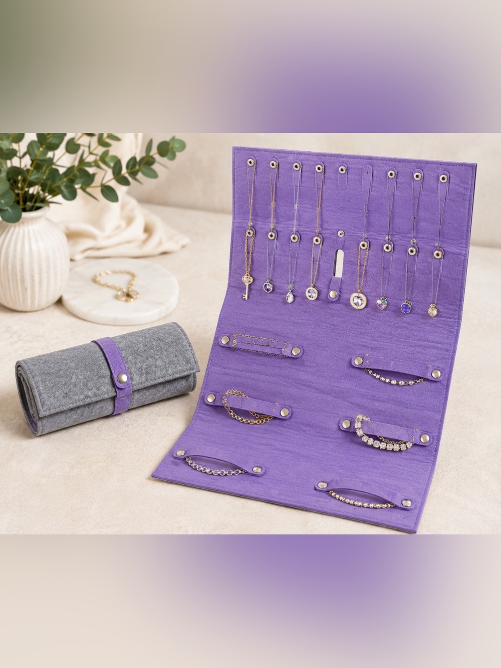 Purple & Gray Roll-Up Travel Jewelry Organizer Case